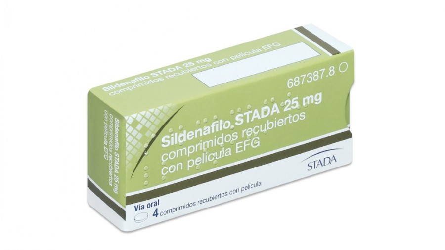 SILDENAFILO STADA 25 mg COMPRIMIDOS RECUBIERTOS CON PELÍCULA EFG, 4 comprimidos fotografía del envase.