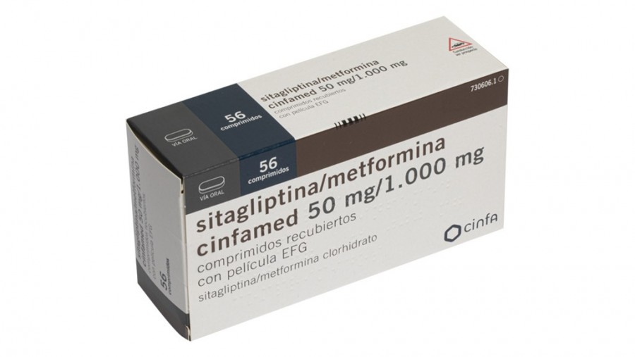 SITAGLIPTINA/METFORMINA CINFAMED 50 MG/1.000 MG COMPRIMIDOS RECUBIERTOS CON PELICULA EFG, 56 comprimidos fotografía del envase.