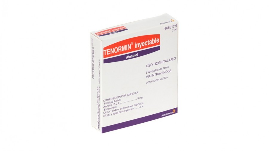 TENORMIN 0,5 mg/ml SOLUCION INYECTABLE , 5 ampollas de 10 ml fotografía del envase.