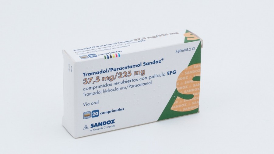 TRAMADOL/PARACETAMOL SANDOZ 37,5 mg/325 mg COMPRIMIDOS RECUBIERTOS CON PELICULA EFG, 20 comprimidos fotografía del envase.