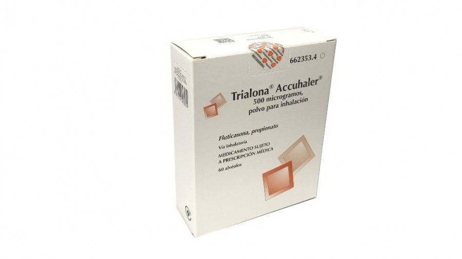 TRIALONA ACCUHALER 500 MICROGRAMOS/INHALACIÓN, POLVO PARA INHALACIÓN, 1 inhalador de 60 dosis fotografía del envase.
