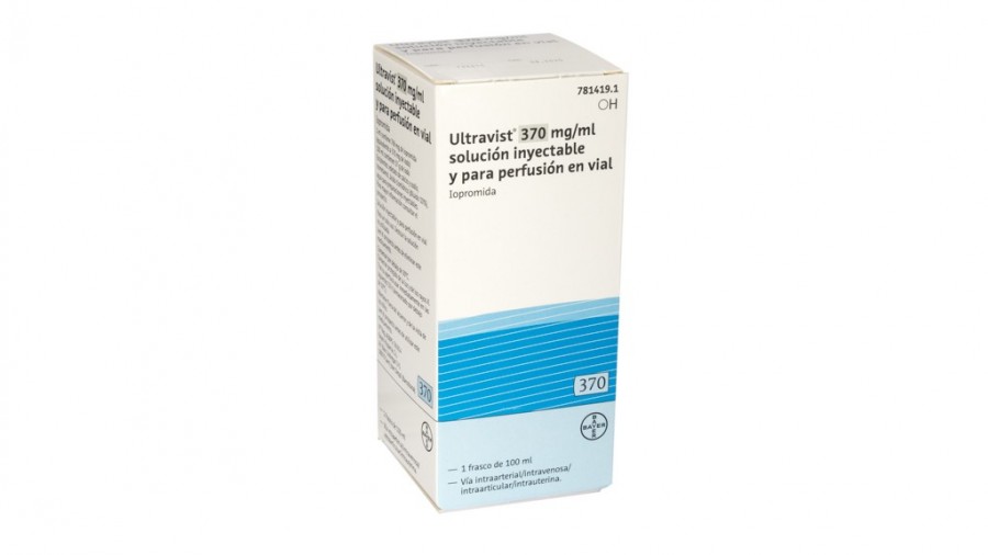 ULTRAVIST 370 mg/ml SOLUCION INYECTABLE Y PARA PERFUSION EN VIAL, 1 frasco de 50 ml fotografía del envase.