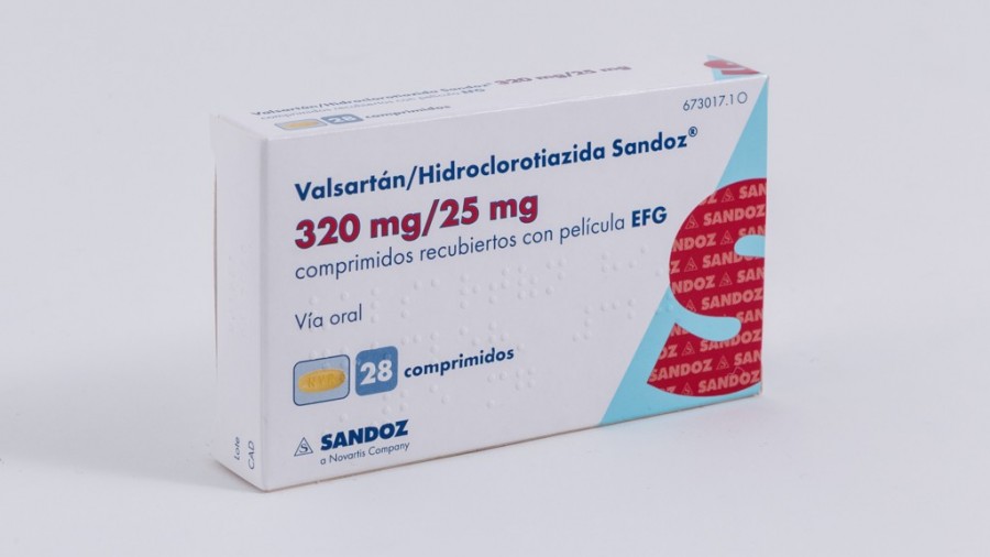 VALSARTAN/HIDROCLOROTIAZIDA SANDOZ 320 mg/25 mg COMPRIMIDOS RECUBIERTOS CON PELICULA EFG , 28 comprimidos fotografía del envase.