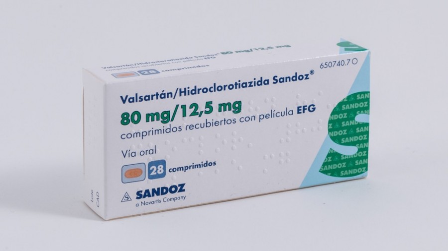 VALSARTAN/HIDROCLOROTIAZIDA SANDOZ 80 mg/12,5 mg COMPRIMIDOS RECUBIERTOS CON PELICULA EFG, 28 comprimidos fotografía del envase.
