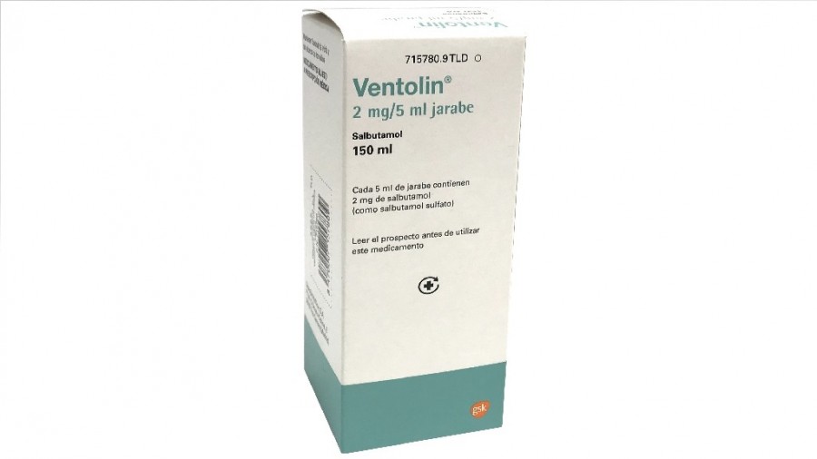 VENTOLIN 2 mg/5 ml JARABE, 1 frasco de 100 ml fotografía del envase.