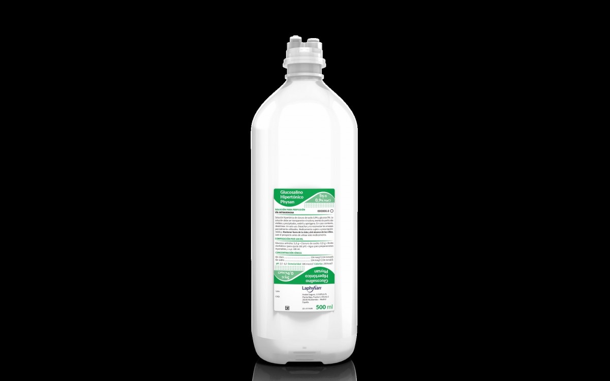 GLUCOSALINO HIPERTONICO PHYSAN SOLUCION PARA PERFUSION, 20 frascos de 500 ml (PP + tapón twin head) fotografía de la forma farmacéutica.