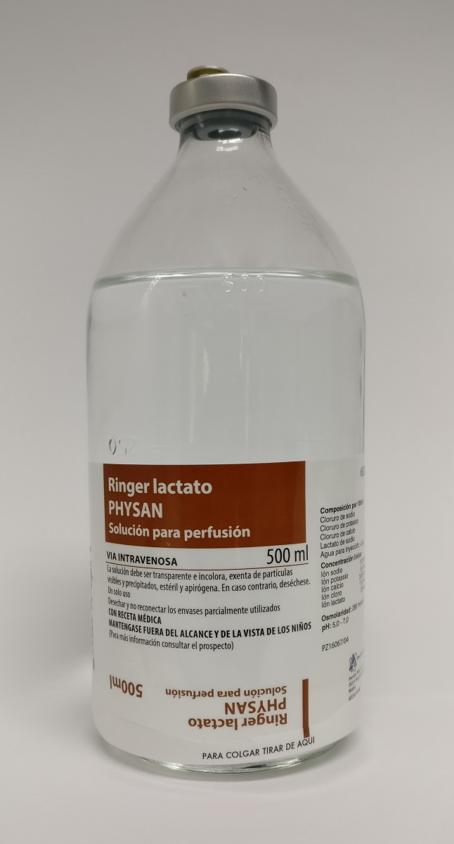 RINGER LACTATO PHYSAN SOLUCION PARA PERFUSION, 10 frascos de 500 ml (PP) fotografía de la forma farmacéutica.
