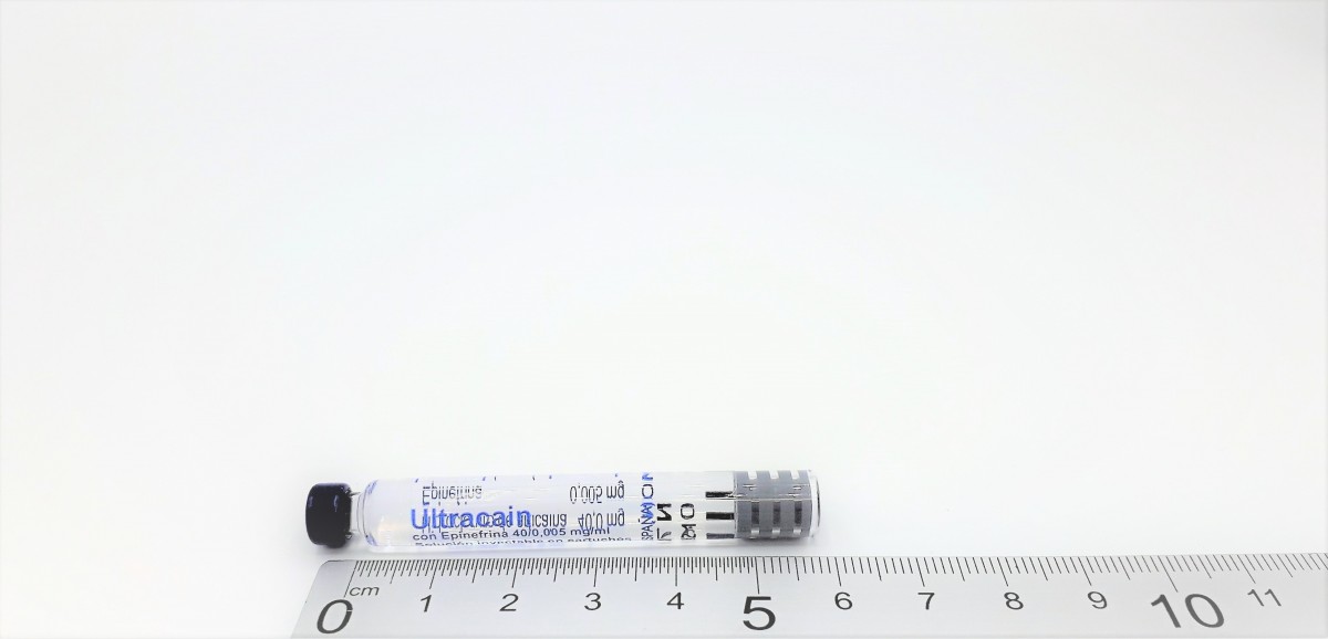 ULTRACAIN CON EPINEFRINA 40 MG/ML + 5 MICROGRAMOS/ML SOLUCION INYECTABLE 100 cartuchos de 1,7 ml fotografía de la forma farmacéutica.
