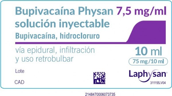 BUPIVACAINA PHYSAN 7,5 MG/ML SOLUCIÓN INYECTABLE , 100 ampollas de 10 ml fotografía de la forma farmacéutica.