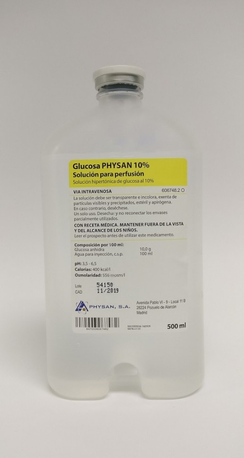 GLUCOSA PHYSAN 10% SOLUCION PARA PERFUSION, 10 frascos de 500 ml (VIDRIO) fotografía de la forma farmacéutica.