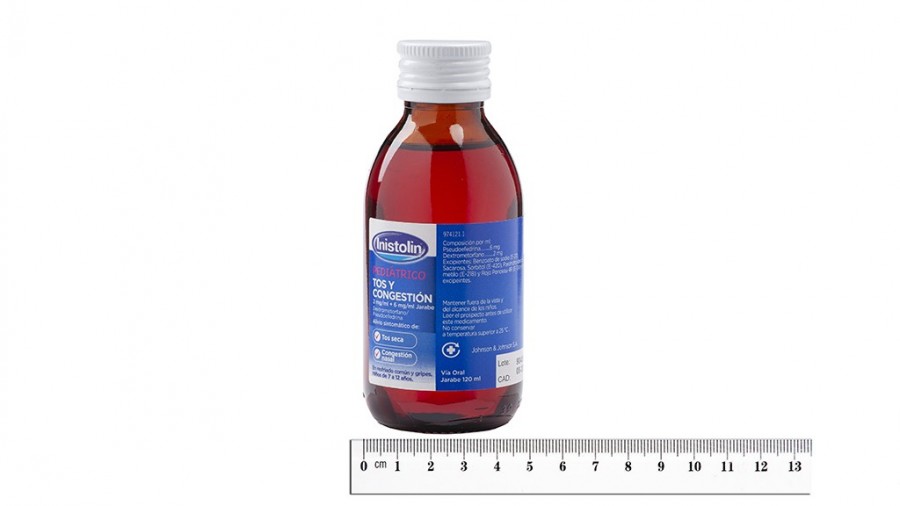INISTOLIN PEDIATRICO TOS Y CONGESTION 2 MG/ML + 6 MG/ML JARABE , 1 frasco de 120 ml fotografía de la forma farmacéutica.