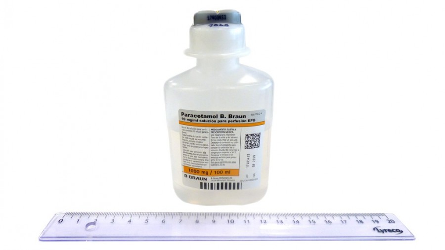PARACETAMOL B.BRAUN 10 mg/ml SOLUCION PARA PERFUSION EFG , 10 frascos de 100 ml fotografía de la forma farmacéutica.