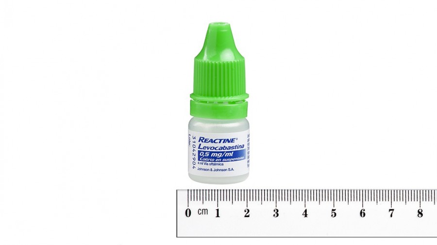 REACTINE LEVOCABASTINA 0,5mg/ml COLIRIO EN SUSPENSION , 1 frasco de 4 ml fotografía de la forma farmacéutica.
