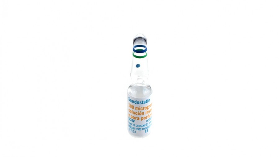 SANDOSTATIN  100 microgramos/ml SOLUCION INYECTABLE Y PARA PERFUSION , 5 ampollas de 1 ml fotografía de la forma farmacéutica.