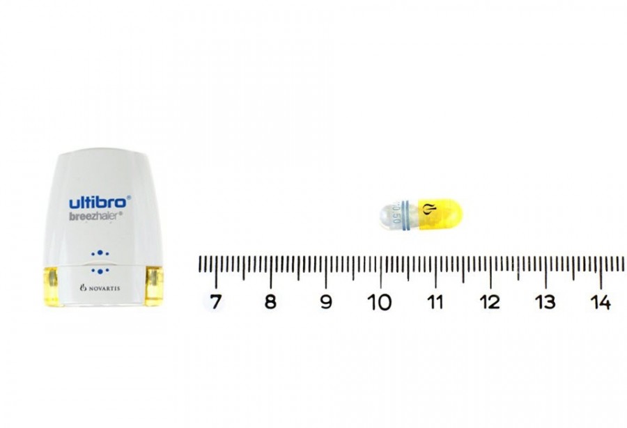 Ultibro Breezhaler 85mcg/43mcg polvo para inhalacion (capsula dura), envase 30 cápsulas + 1 INHALADOR fotografía de la forma farmacéutica.