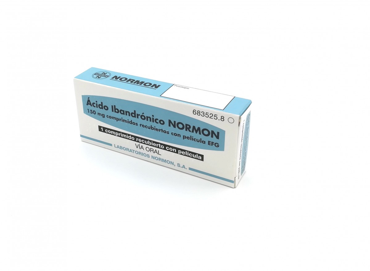 ACIDO IBANDRONICO NORMON 150 mg COMPRIMIDOS RECUBIERTOS CON PELICULA EFG, 3 comprimidos fotografía del envase.