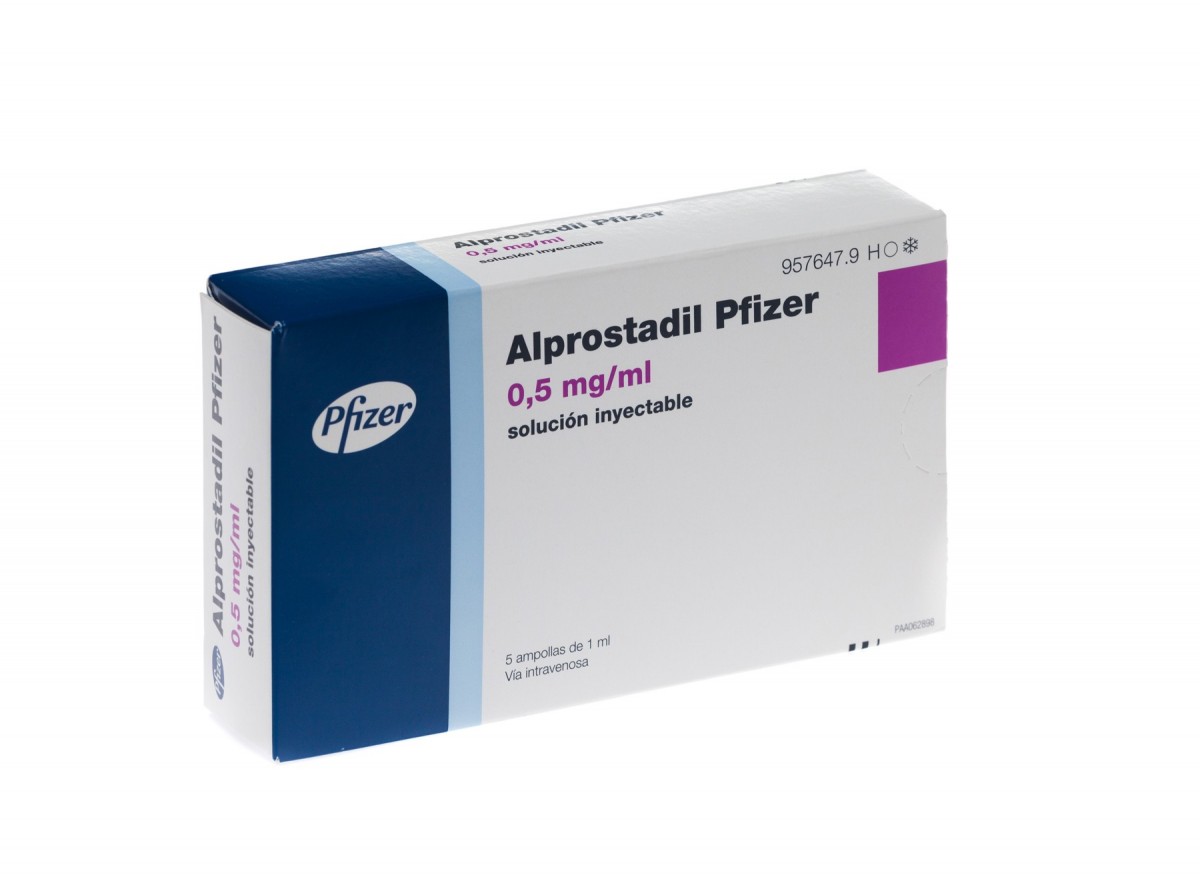 ALPROSTADIL PFIZER 0,5 mg/ml SOLUCION INYECTABLE , 5 ampollas de 1 ml fotografía del envase.