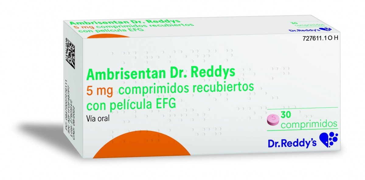 AMBRISENTAN DR REDDYS 5 MG COMPRIMIDOS RECUBIERTOS CON PELICULA EFG, 30 comprimidos (Blister PVC/PVDC-Al) fotografía del envase.
