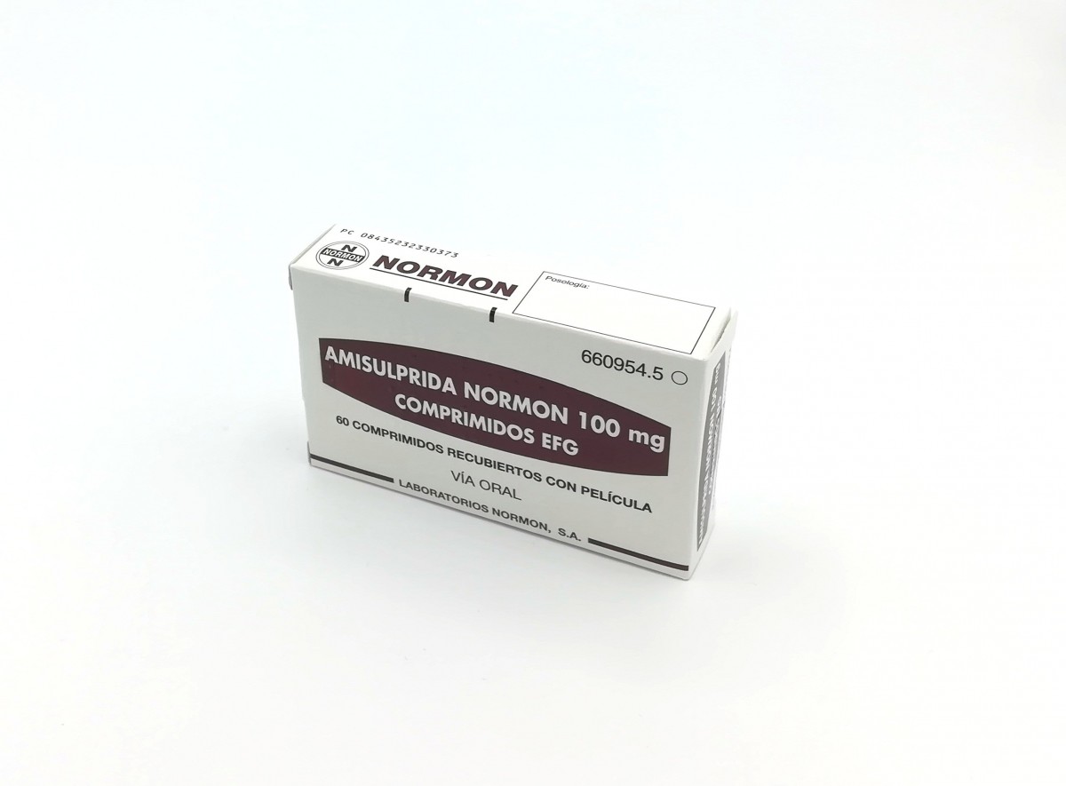 AMISULPRIDA NORMON 100 mg COMPRIMIDOS RECUBIERTOS CON PELICULA EFG, 60 comprimidos fotografía del envase.