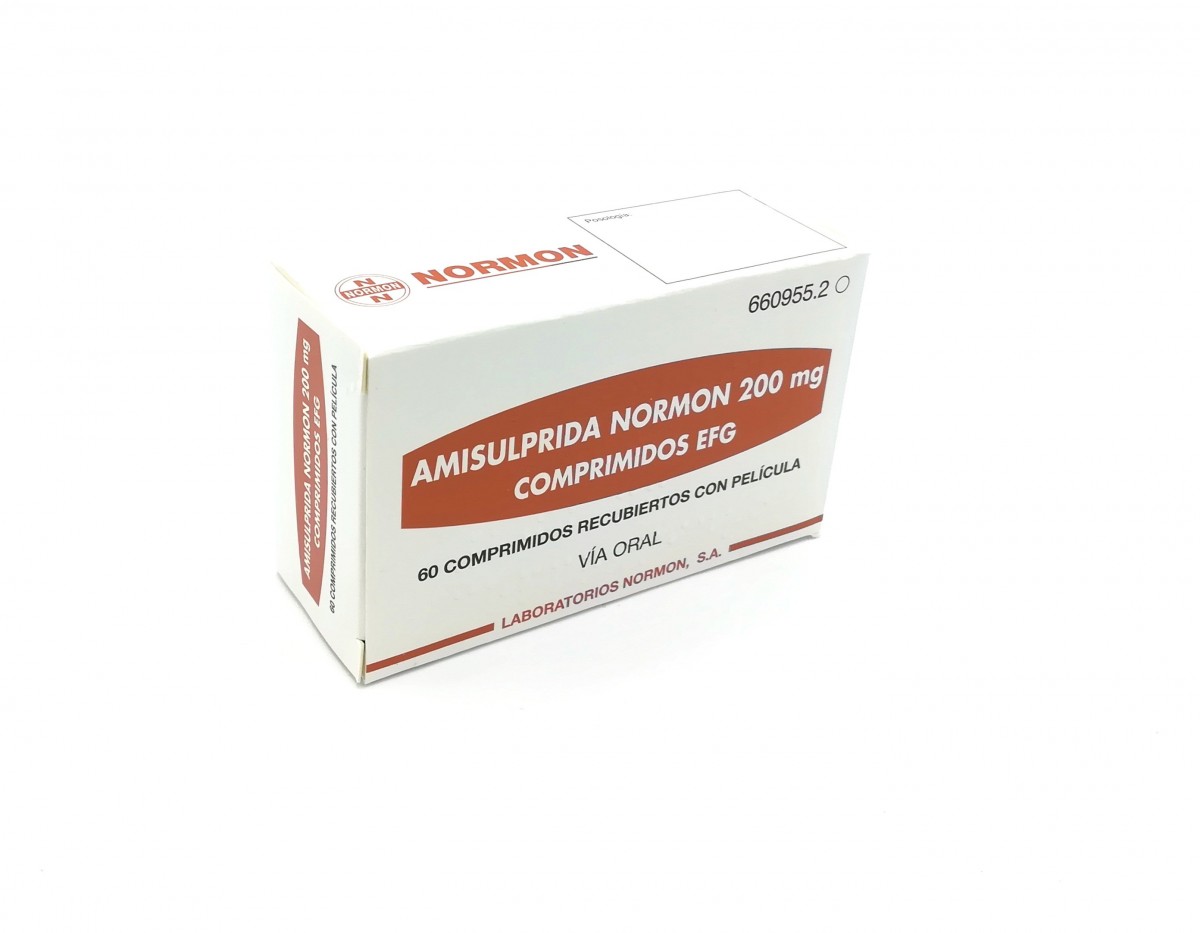 AMISULPRIDA NORMON 200 mg COMPRIMIDOS RECUBIERTOS CON PELICULA EFG, 60 comprimidos fotografía del envase.
