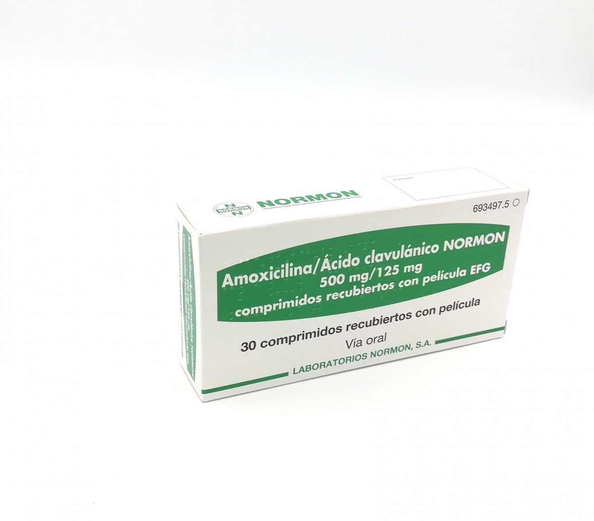 AMOXICILINA/ACIDO CLAVULANICO NORMON 500 mg /125 mg COMPRIMIDOS RECUBIERTOS CON PELICULA EFG, 500 comprimidos fotografía del envase.