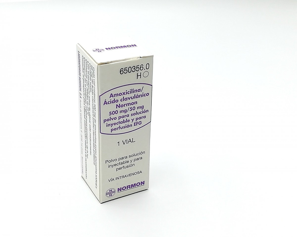 AMOXICILINA/ACIDO CLAVULANICO NORMON 500 mg/50 mg POLVO PARA SOLUCION INYECTABLE Y PARA PERFUSION EFG , 100 viales fotografía del envase.