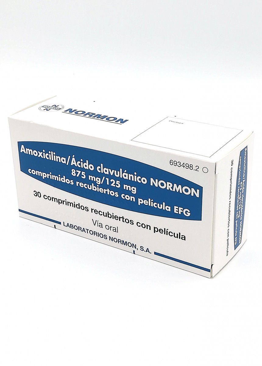AMOXICILINA/ACIDO CLAVULANICO NORMON 875 mg/125 mg COMPRIMIDOS RECUBIERTOS CON PELICULA EFG, 20 comprimidos fotografía del envase.