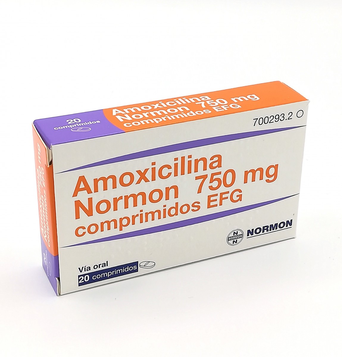 AMOXICILINA NORMON 750 MG COMPRIMIDOS EFG  , 20 comprimidos  fotografía del envase.