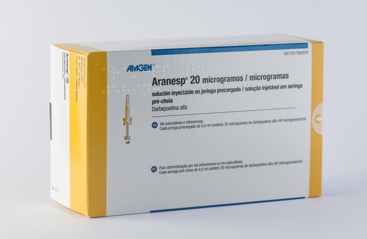 ARANESP 20 microgramos SOLUCION INYECTABLE EN JERINGA PRECARGADA, 4 jeringas precargadas de 0,5 ml fotografía del envase.