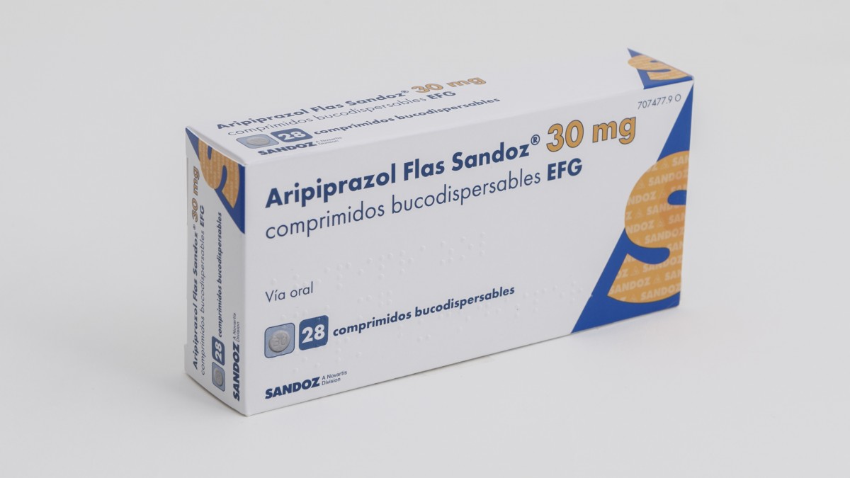 ARIPIPRAZOL FLAS SANDOZ 30 MG COMPRIMIDOS BUCODISPERSABLES EFG , 28 comprimidos fotografía del envase.