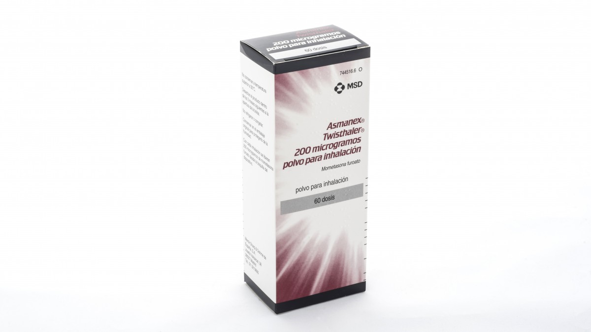 ASMANEX TWISTHALER 200 microgramos POLVO PARA INHALACION , 1 inhalador de 30 dosis fotografía del envase.