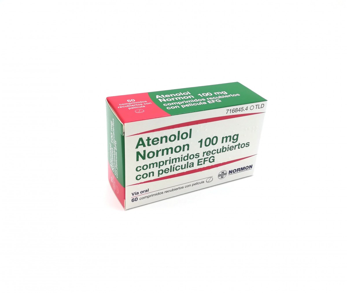 ATENOLOL NORMON 100 mg COMPRIMIDOS RECUBIERTOS EFG, 60 comprimidos fotografía del envase.