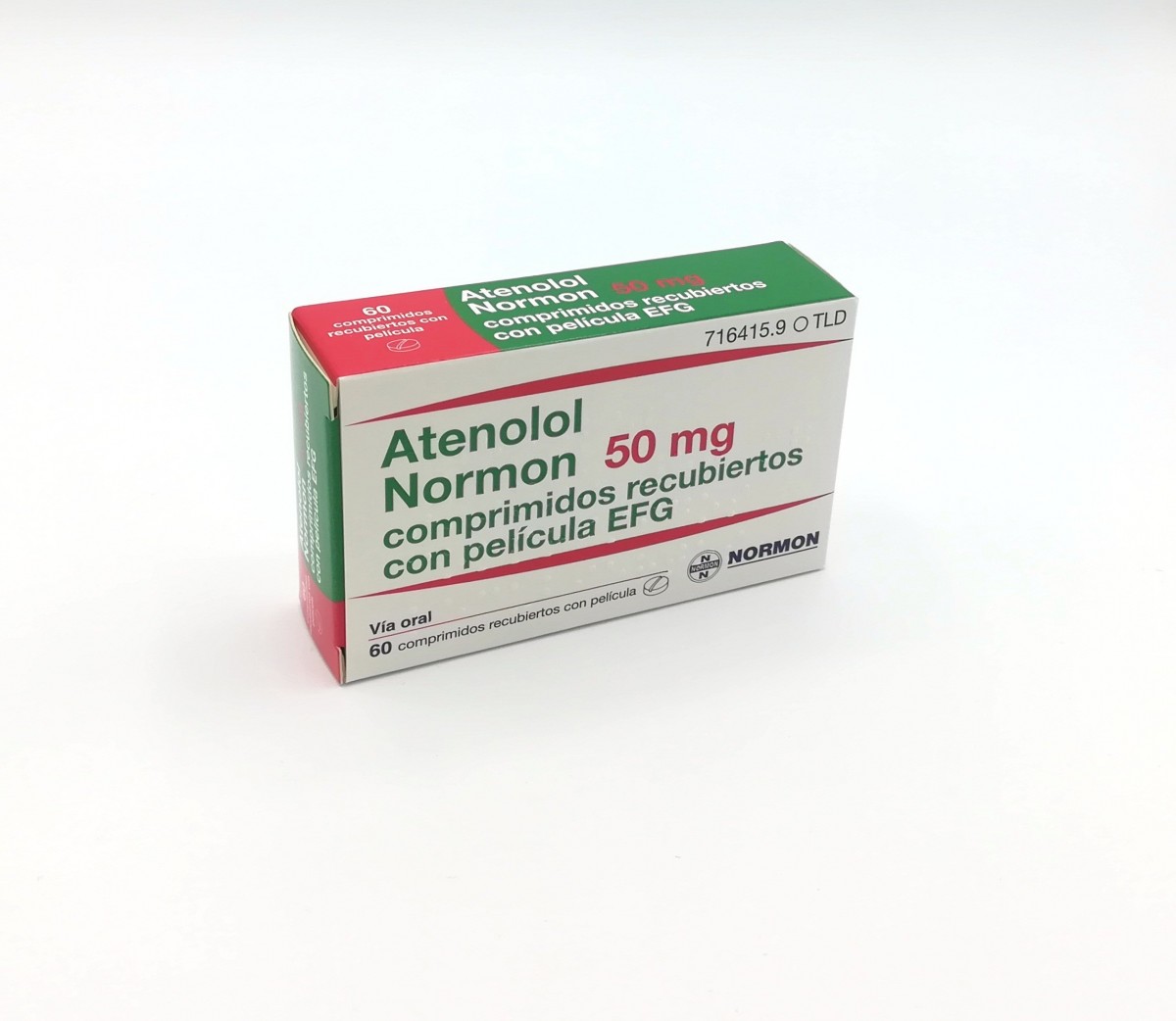 ATENOLOL NORMON 50 mg COMPRIMIDOS RECUBIERTOS EFG , 60 comprimidos fotografía del envase.