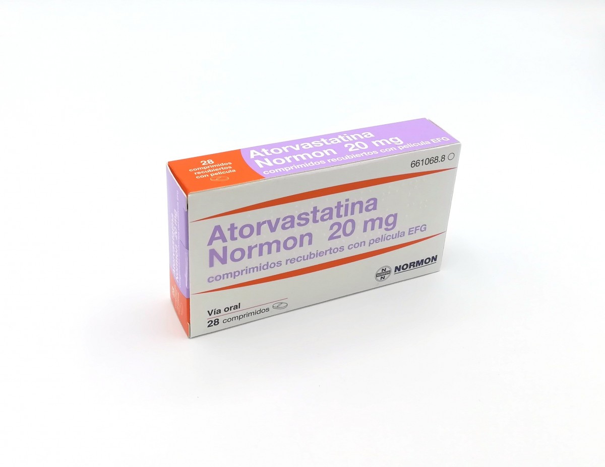 ATORVASTATINA NORMON 20 mg COMPRIMIDOS RECUBIERTOS CON PELICULA EFG , 28 comprimidos fotografía del envase.