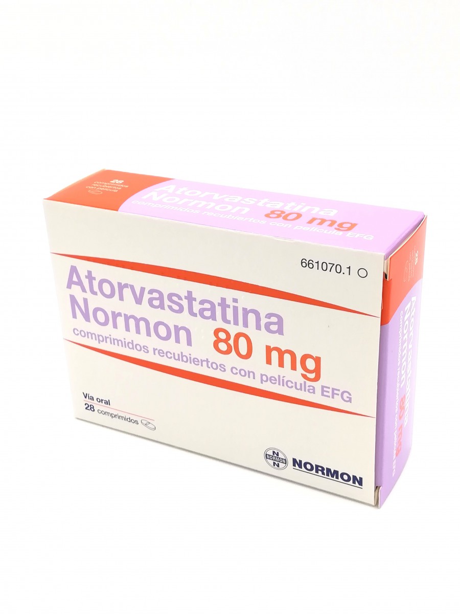 ATORVASTATINA NORMON 80 mg COMPRIMIDOS RECUBIERTOS CON PELICULA EFG , 28 comprimidos fotografía del envase.