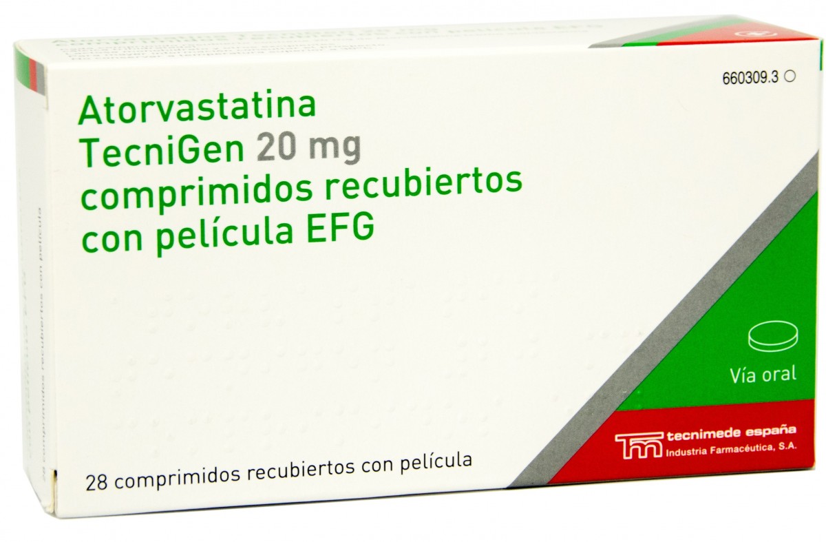 ATORVASTATINA TECNIGEN 20 mg COMPRIMIDOS RECUBIERTOS CON PELICULA EFG , 28 comprimidos fotografía del envase.