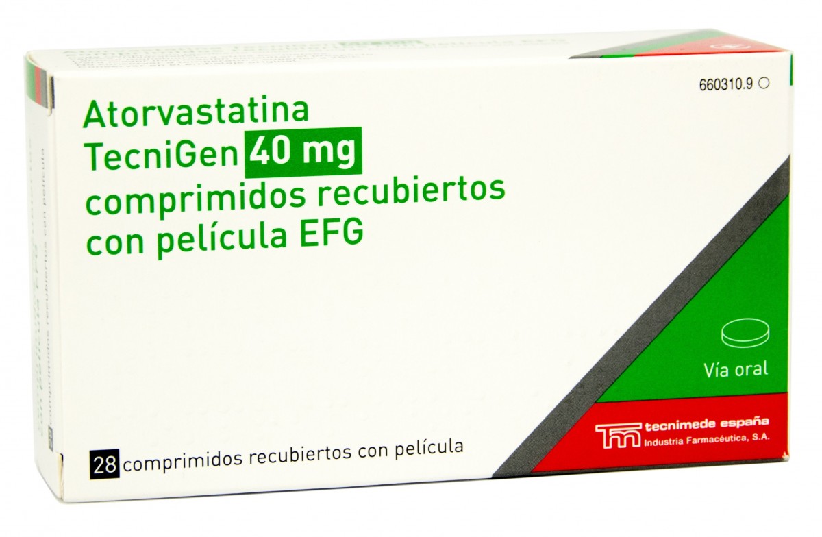 ATORVASTATINA TECNIGEN 40 mg COMPRIMIDOS RECUBIERTOS CON PELICULA EFG , 28 comprimidos fotografía del envase.