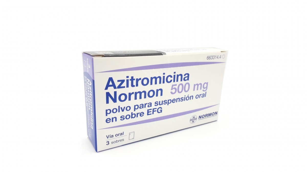 AZITROMICINA NORMON 500 mg POLVO PARA SUSPENSION ORAL EN SOBRE EFG, 3 sobres fotografía del envase.
