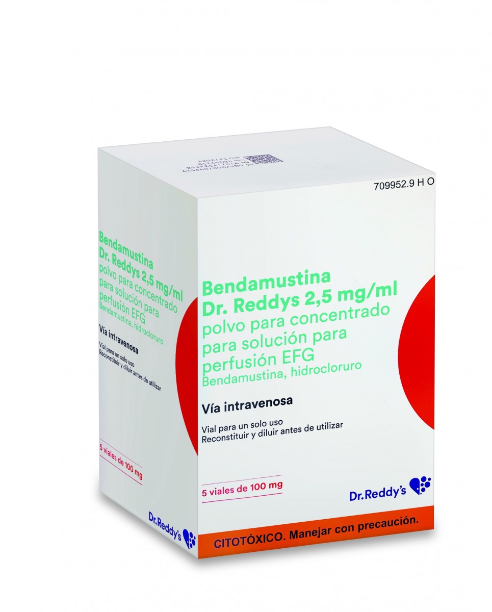 BENDAMUSTINA DR. REDDYS 2,5 MG/ML POLVO PARA CONCENTRADO PARA SOLUCION PARA PERFUSION EFG, 5 viales de 100 mg fotografía del envase.