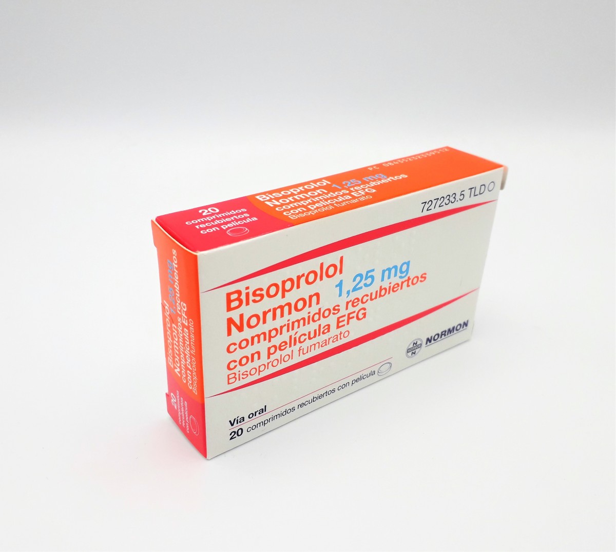 BISOPROLOL NORMON 1,25 MG COMPRIMIDOS RECUBIERTOS CON PELICULA EFG, 20 comprimidos (Blister Al/PVC) fotografía del envase.