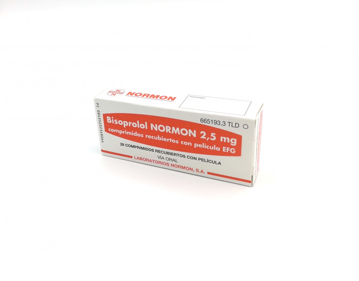 BISOPROLOL NORMON 2,5 mg COMPRIMIDOS RECUBIERTOS CON PELICULA EFG , 28 comprimidos fotografía del envase.