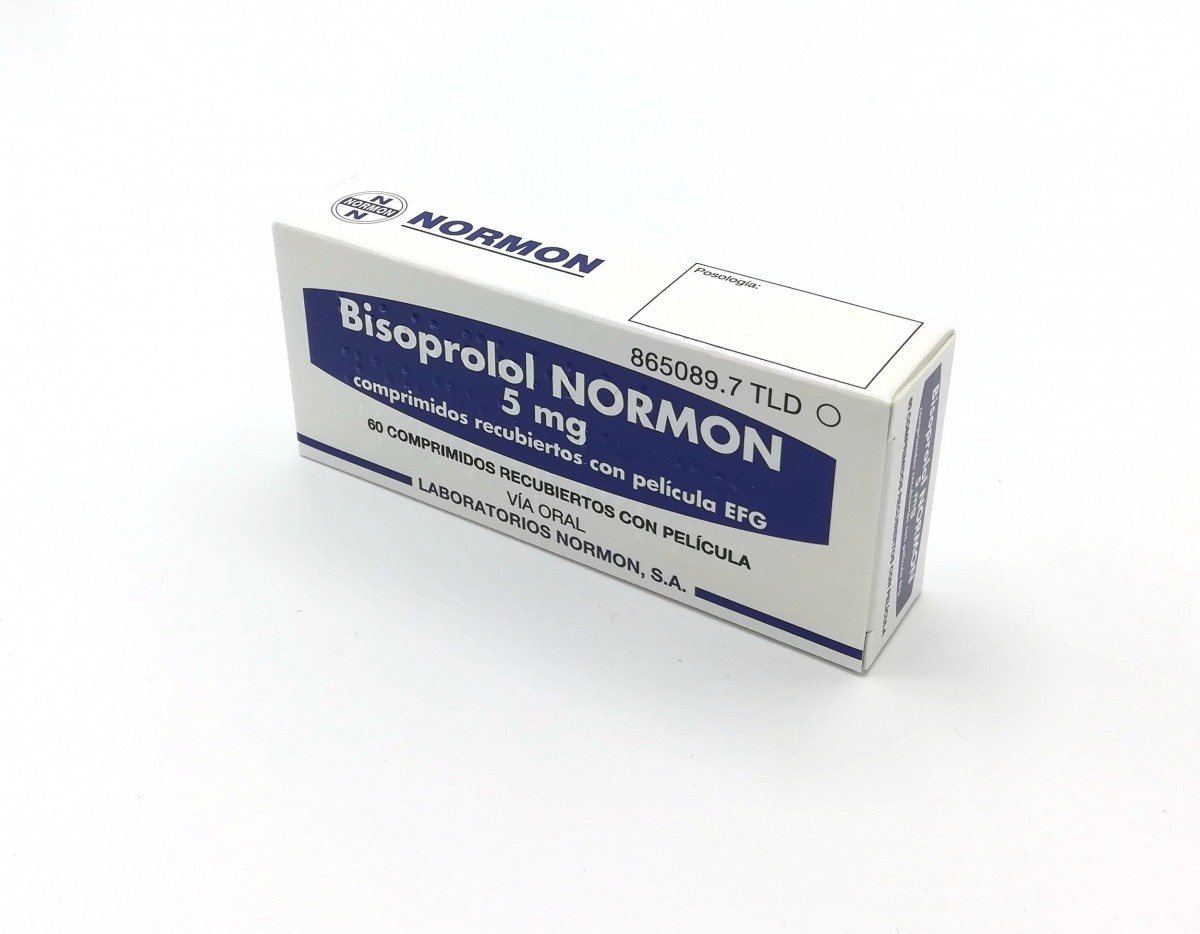 BISOPROLOL NORMON 5 mg COMPRIMIDOS RECUBIERTOS CON PELICULA EFG, 28 comprimidos  fotografía del envase.