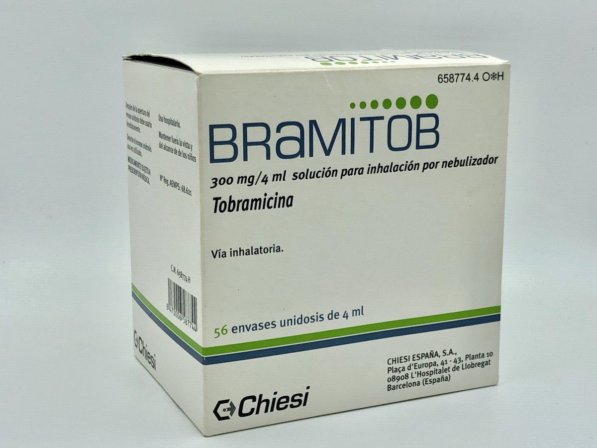 BRAMITOB 300 mg/4 ml SOLUCION PARA INHALACION POR NEBULIZADOR , 56 ampollas de 4 ml fotografía del envase.