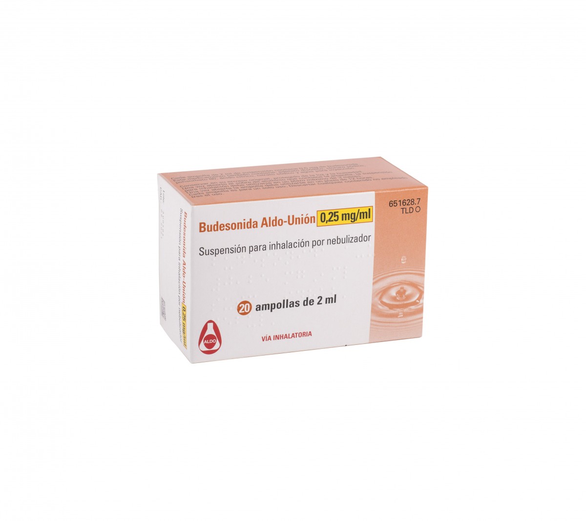 BUDESONIDA ALDO-UNION 0,25 mg/ml SUSPENSION PARA INHALACION POR NEBULIZADOR , 20 ampollas de 2 ml fotografía del envase.