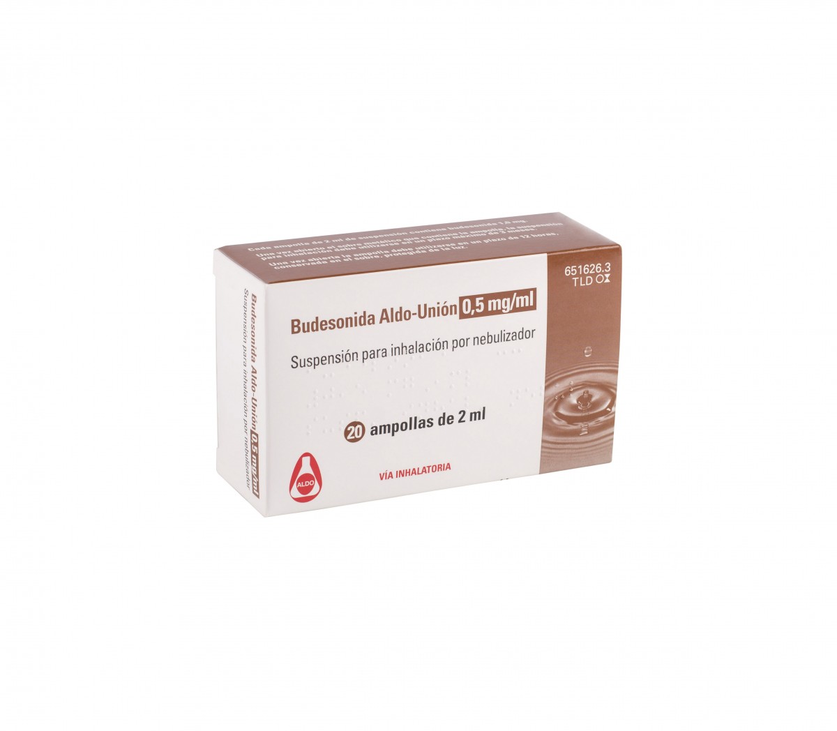 BUDESONIDA ALDO-UNION 0,5 mg/ml SUSPENSION PARA INHALACION POR NEBULIZADOR , 20 ampollas de 2 ml fotografía del envase.