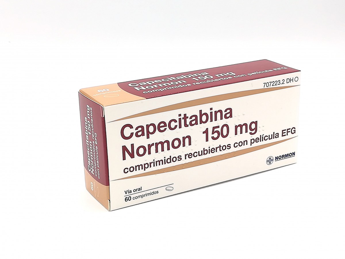 CAPECITABINA NORMON 150 MG COMPRIMIDOS RECUBIERTOS CON PELICULA EFG , 60 comprimidos fotografía del envase.