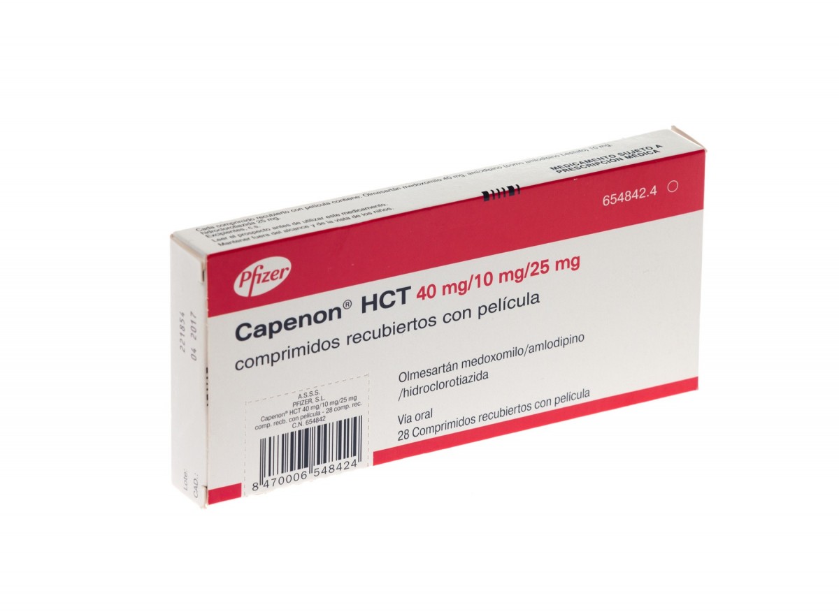 CAPENON HCT 40 mg/10 mg/25 mg COMPRIMIDOS RECUBIERTOS CON PELICULA, 28 comprimidos fotografía del envase.