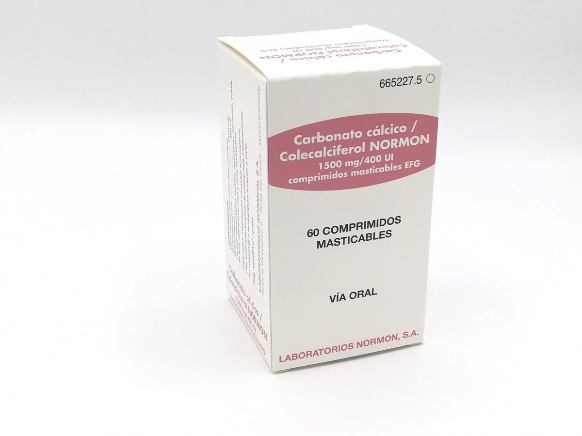 CARBONATO CALCICO/COLECALCIFEROL NORMON 1500 mg/400 U.I. COMPRIMIDOS MASTICABLES EFG, 60 comprimidos fotografía del envase.