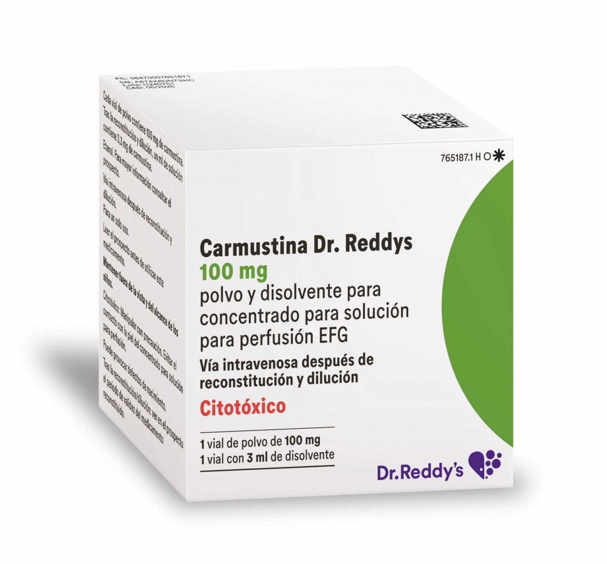 CARMUSTINA DR. REDDYS 100 MG POLVO Y DISOLVENTE  PARA CONCENTRADO PARA SOLUCION PARA PERFUSION EFG, 1 vial con 100 mg + 1 vial con 3 ml de disolvente fotografía del envase.