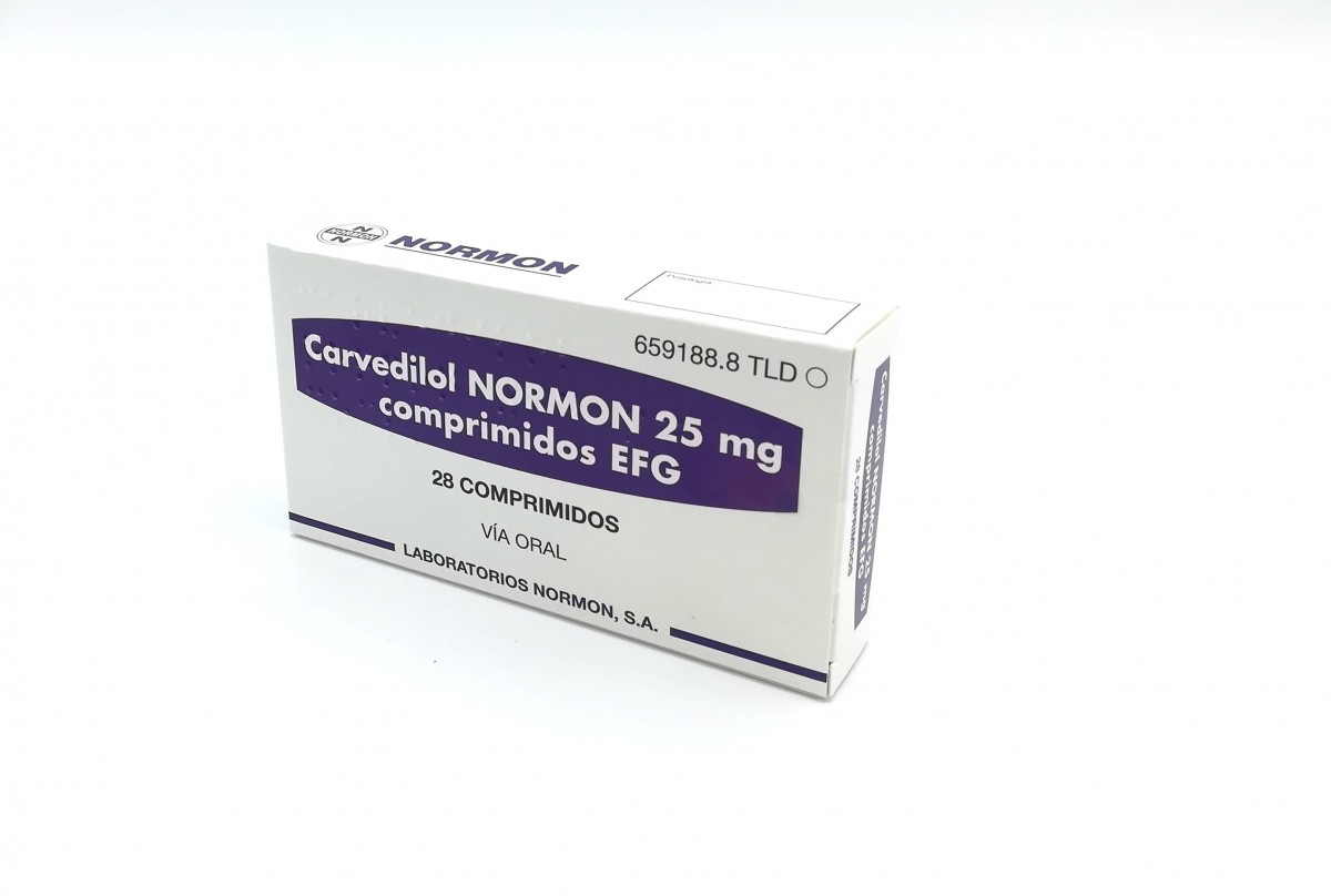 CARVEDILOL NORMON 25 mg COMPRIMIDOS EFG , 28 comprimidos fotografía del envase.
